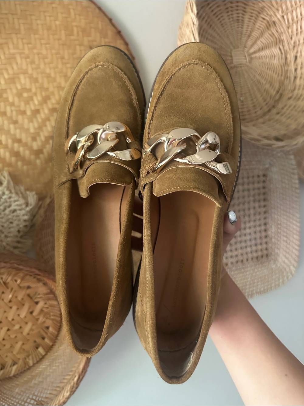 Anthropologie Suede Loafers with Gold Chain Trim in Tan - Picture 4 of 7